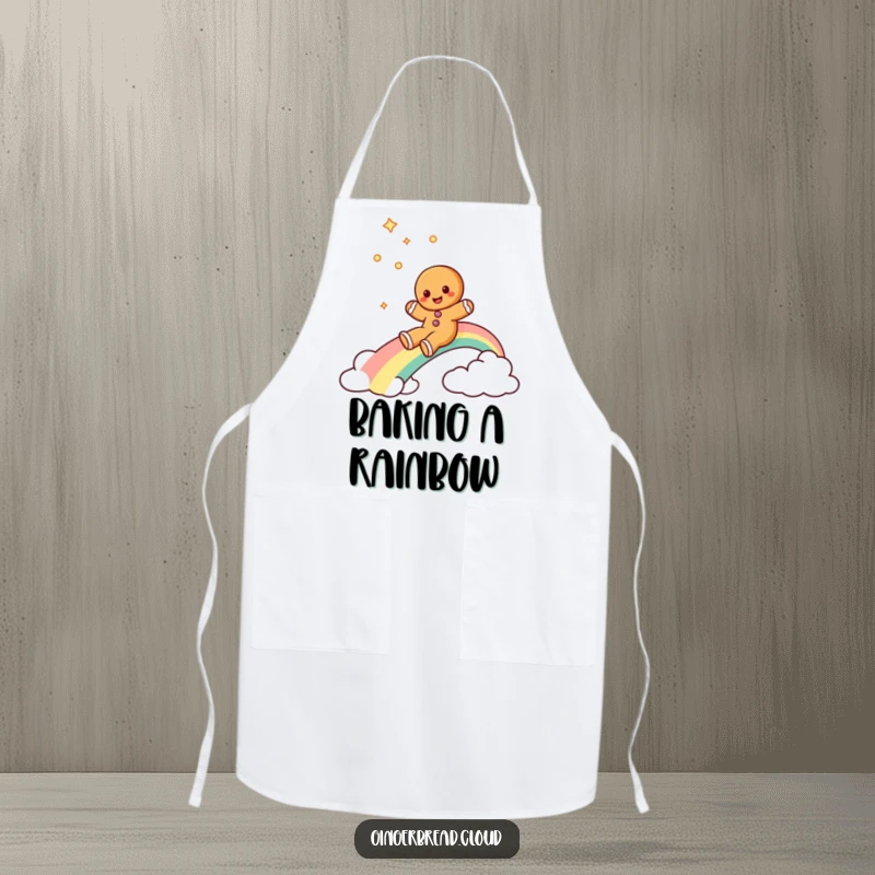 Funny gingerbread cookie apron featuring a gingerbread cookie character sliding down a rainbow, designed for joyful baking.