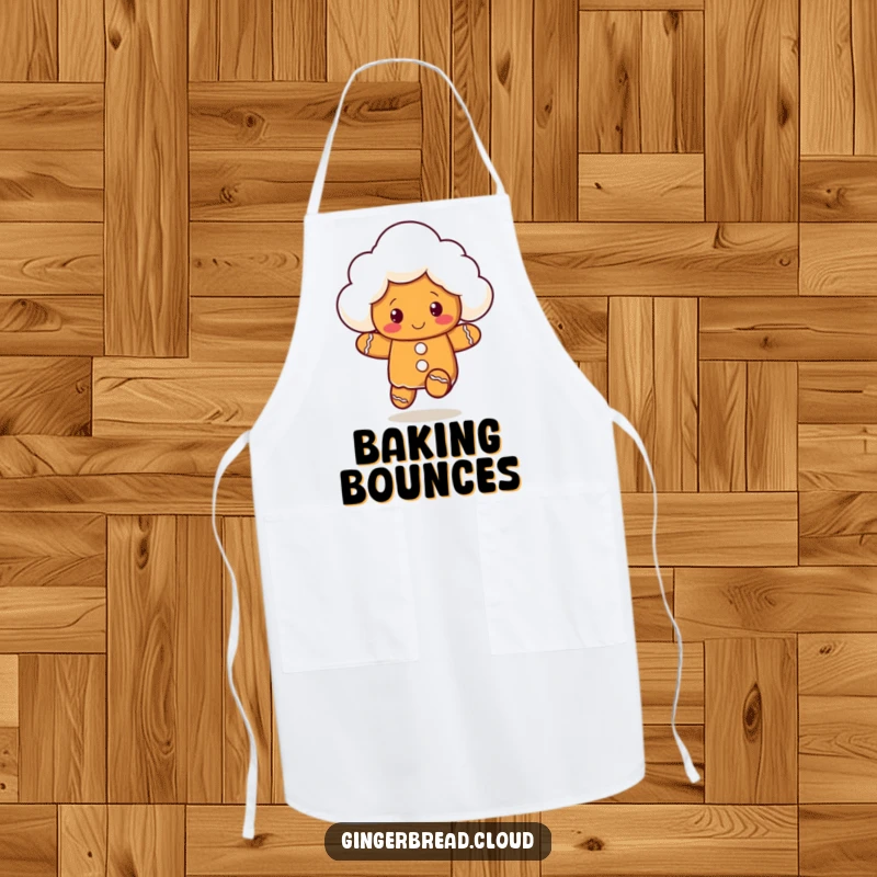 Funny apron featuring a gingerbread cloud character bouncing playfully, perfect for chefs who love a fun kitchen.