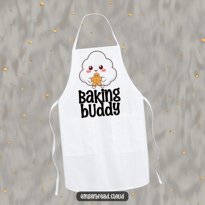 Funny cloud character apron featuring a smiling cloud offering a piece of gingerbread, designed for sweet sharing moments.