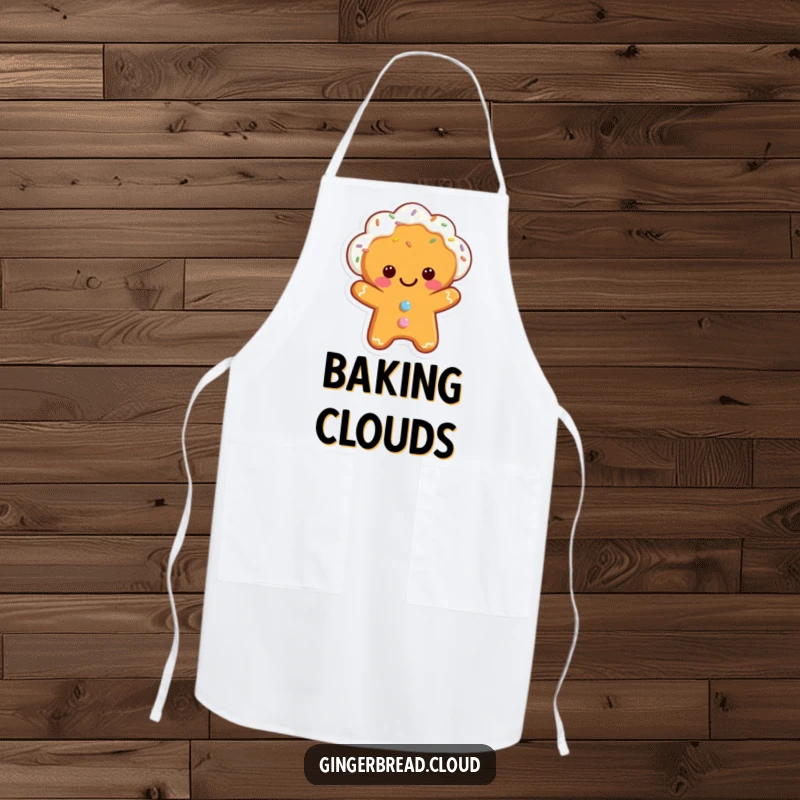Funny apron featuring a smiling gingerbread cloud character, designed for bakers who love to add sprinkles and smiles.