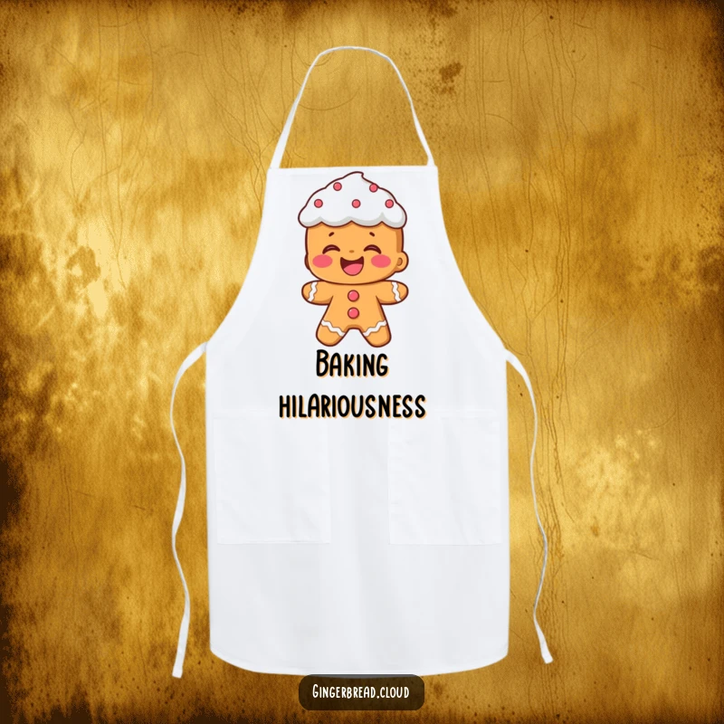 Funny apron: A gingerbread person with frosting hair laughs heartily while cooking, bringing humor to the kitchen.