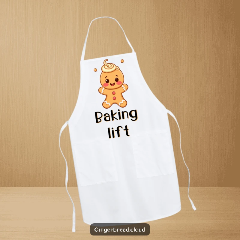 Funny apron featuring a happy gingerbread person with icing swirls, floating upwards, designed for joyful baking.