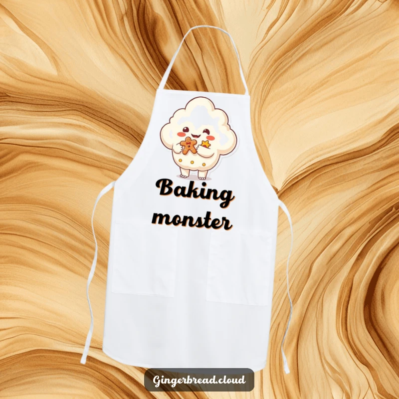 Funny Apron featuring a friendly monster shaped cloud handing a gingerbread gift, a whimsical and humorous kitchen accessory for sweet creations.