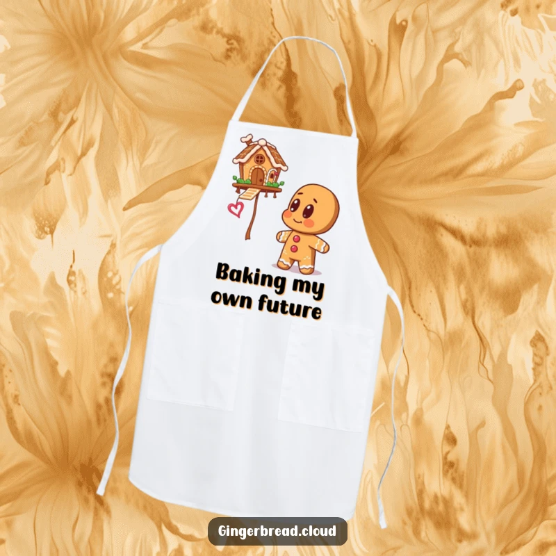 Gingerbread man with large eyes looking up at a floating gingerbread house, illustrated on a kitchen apron for whimsical cooking.