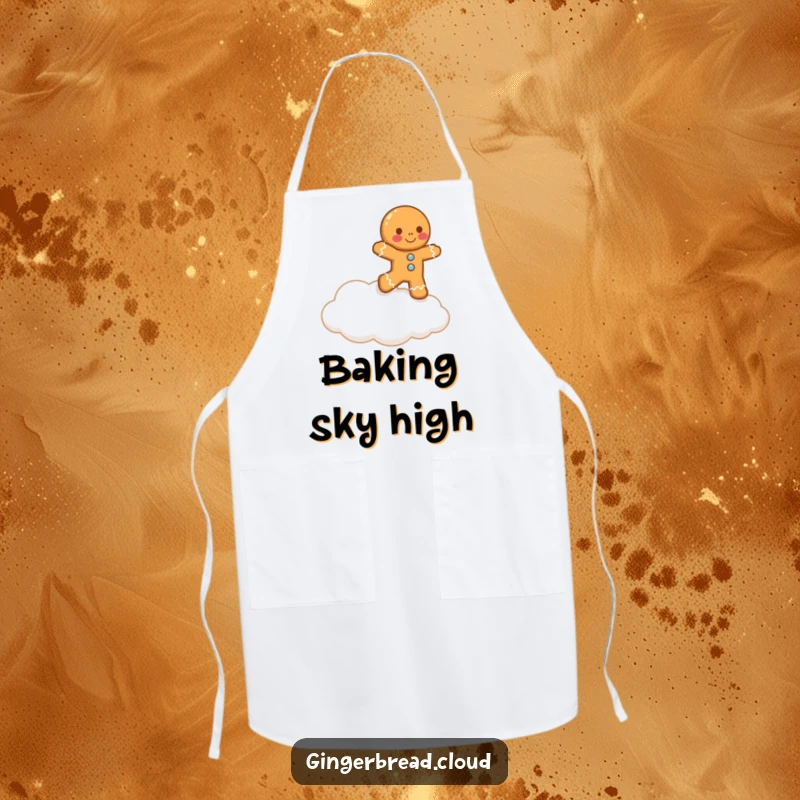 Funny lopsided gingerbread man comically attempts to reach a cloud on this apron, adding a humorous and whimsical touch to cooking.