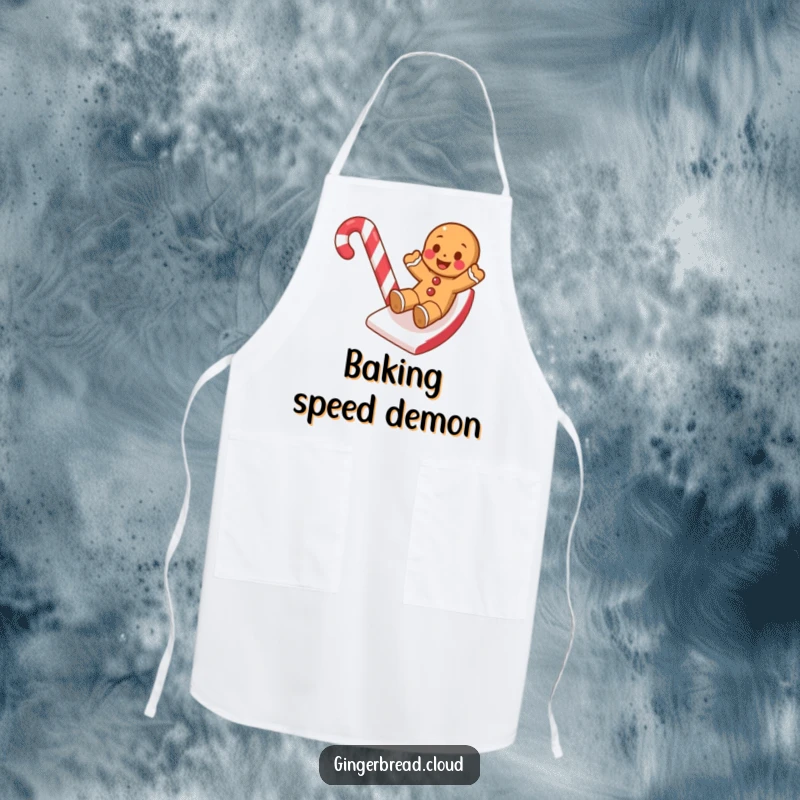 Funny apron featuring a gingerbread cookie sliding down a candy cane, perfect for a fun cooking experience.