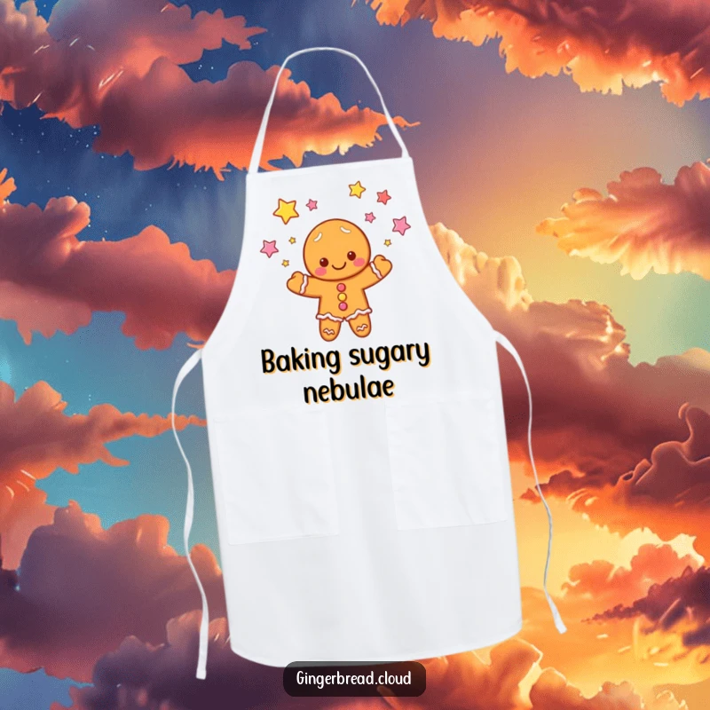 Funny apron: A gingerbread cloud character energetically juggles candy stars while cooking, adding humor to kitchen tasks.
