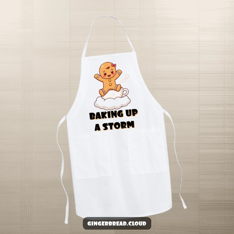 Funny apron design of a gingerbread boy jumping over a coffee cup cloud, bringing whimsical holiday cheer to baking.