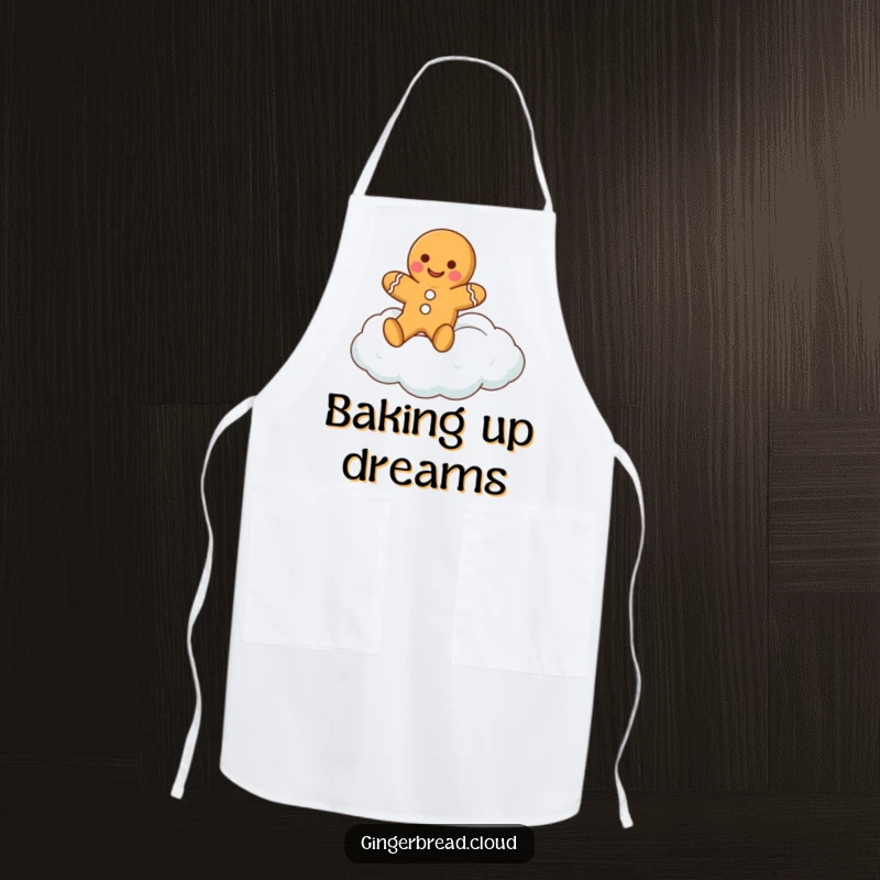 Funny gingerbread man apron featuring a happy gingerbread cookie character floating on a cloud, designed for sweet kitchen moments.
