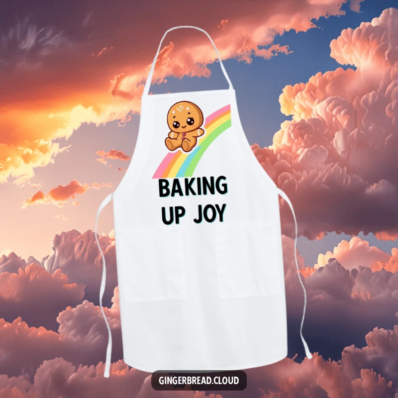 Funny apron with a cheerful gingerbread character with large eyes, sliding down a rainbow, ready for culinary fun.