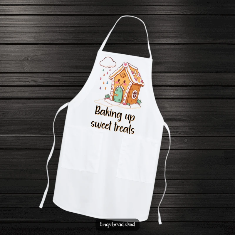 Funny Apron: Kitchen wear featuring a happy gingerbread house with icing, watching a cloud rain colorful candies.