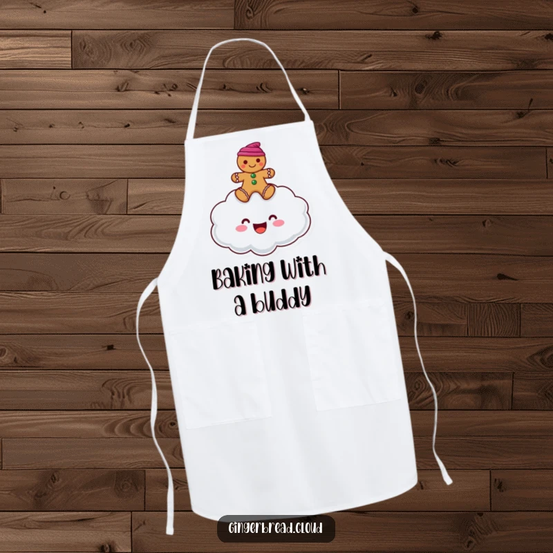 Funny apron showcasing a happy cloud character with a gingerbread man perched on top, ready for kitchen fun.