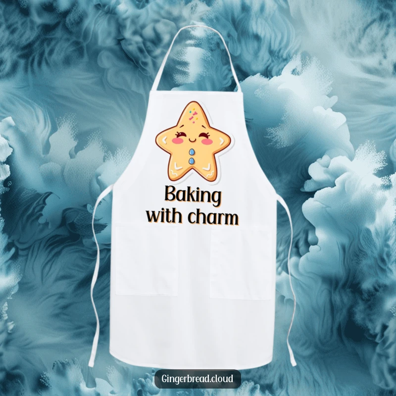 Funny apron featuring a mischievous gingerbread star winking, covered in sprinkles, perfect for baking.