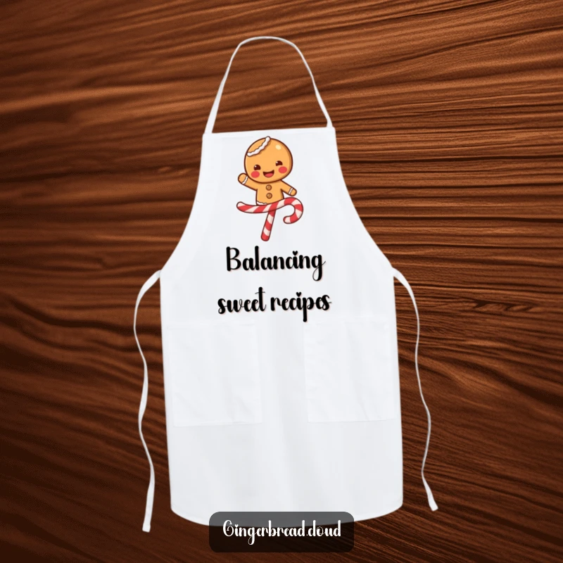 Funny gingerbread character with a wide smile balancing on a swirling candy cane, festive cooking apron, sweet and cheerful kitchen accessory.