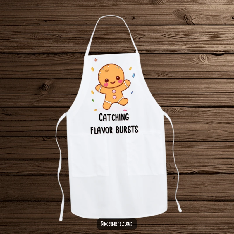 Funny apron design for holiday baking, featuring a gingerbread character catching sprinkle-shaped raindrops with a joyful expression.