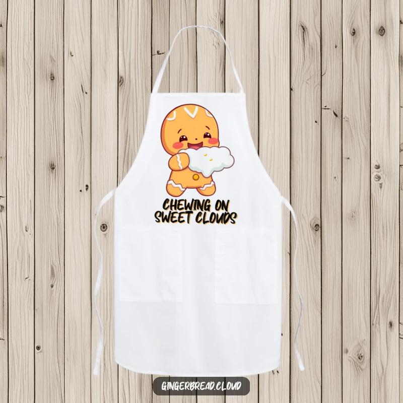 Cheerful gingerbread character taking a huge bite out of a cloud, illustrated on a kitchen apron for happy cooking and baking.
