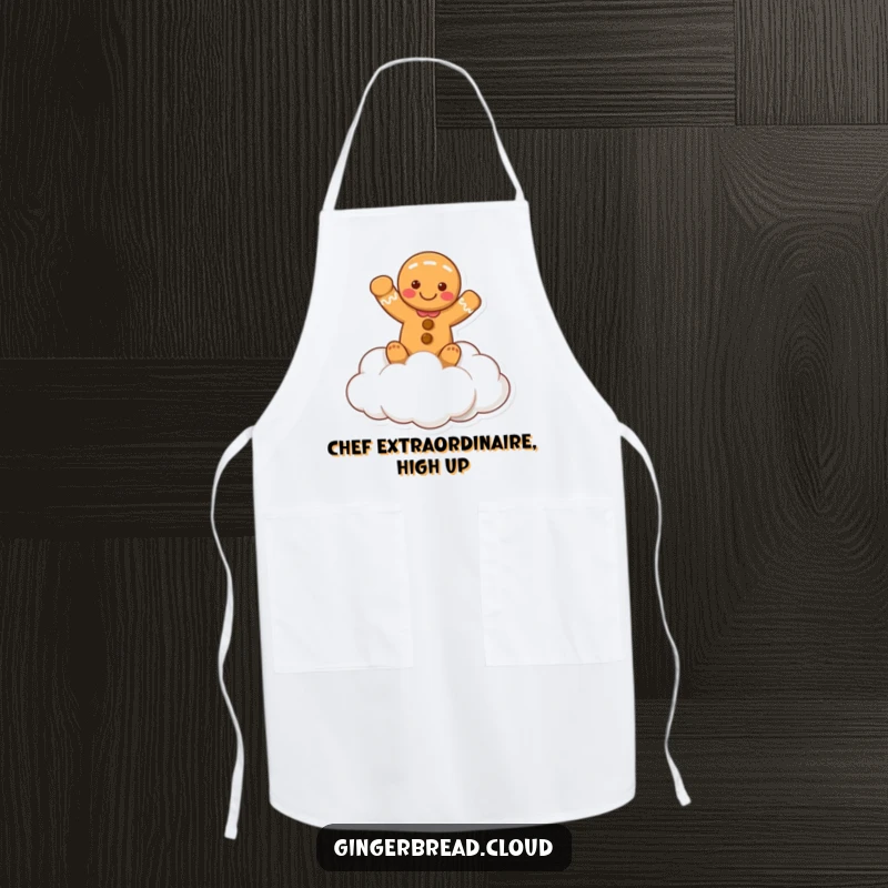 Funny apron showing a gingerbread person waving cheerfully from a cloud, adding a friendly and playful touch to kitchen tasks.