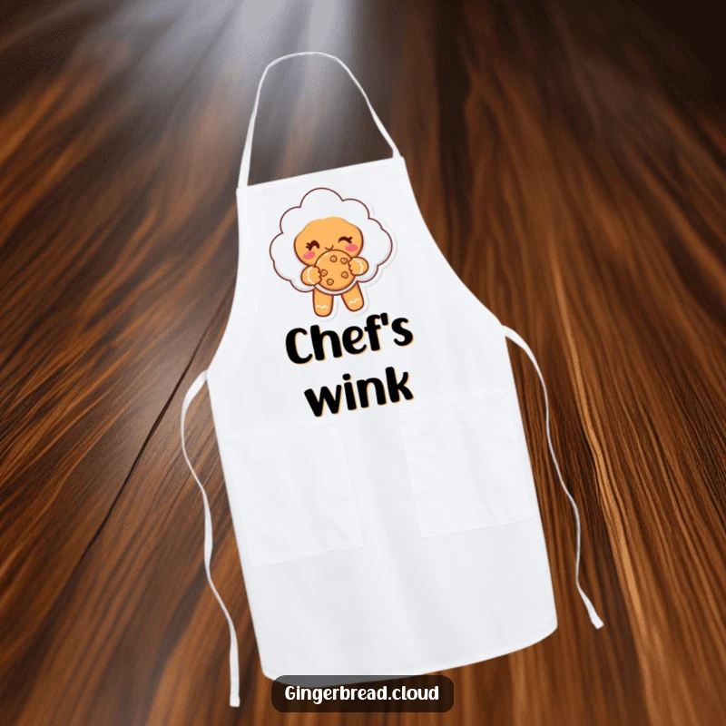 Funny apron featuring a gingerbread cloud character winking and offering a cookie, perfect for sharing treats.