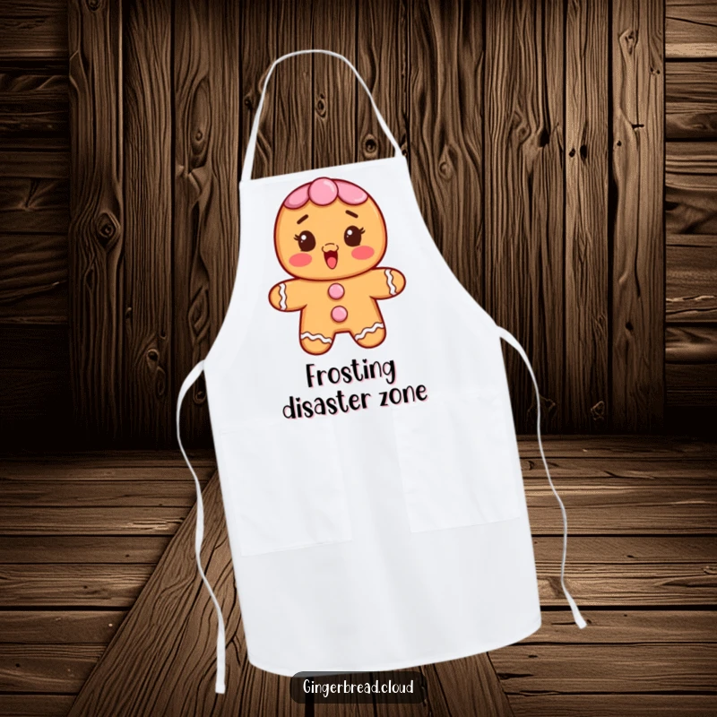 Funny apron adorned with a gingerbread character wearing frosting buttons, showing a surprised and delighted expression.