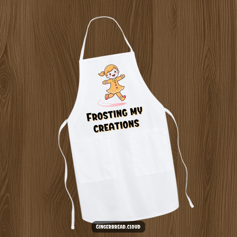 Funny gingerbread woman apron, a joyful character skipping, leaving a frosting trail, practical and humorous kitchen wear.