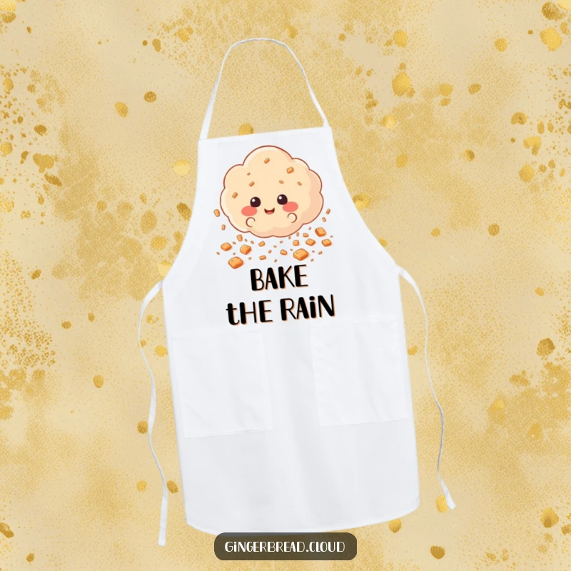 Funny Apron featuring a cloud scattering happy gingerbread cookie crumbs like rain, a whimsical and humorous kitchen accessory for sweet creations.