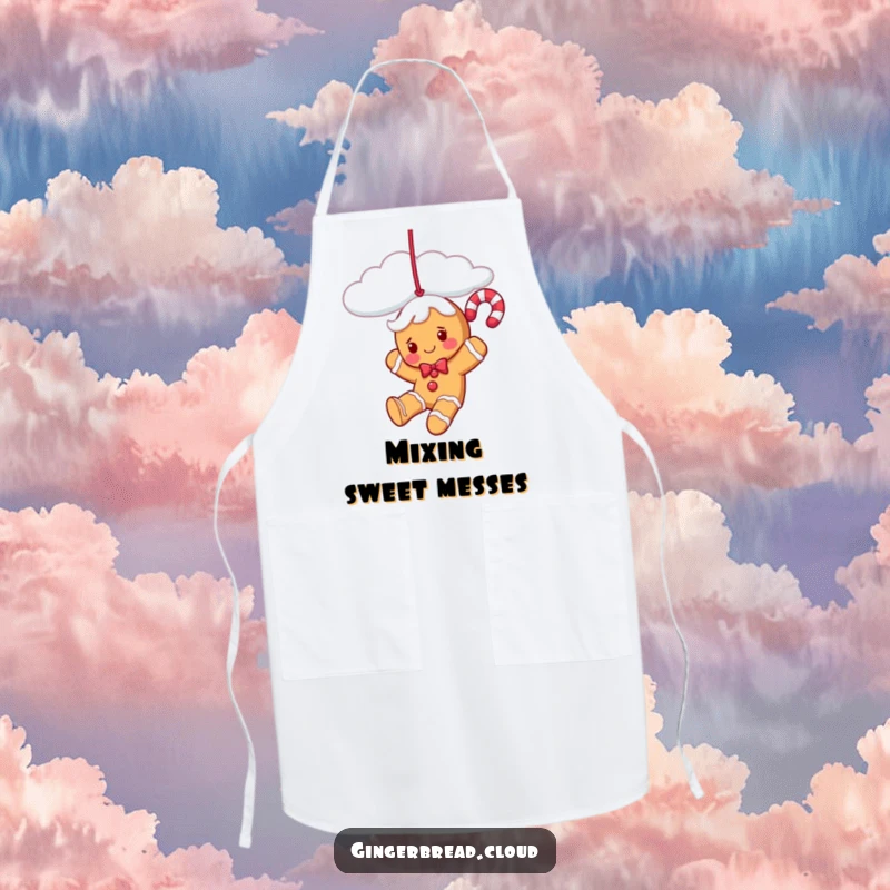 Funny gingerbread candy cane character swinging from a cloud, illustrated on a practical apron for festive kitchen use.