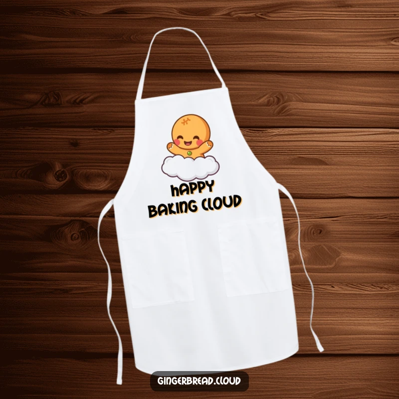 Funny apron for kitchen use, featuring a gingerbread character giggling uncontrollably while floating on a cloud, perfect for cheerful cooks.