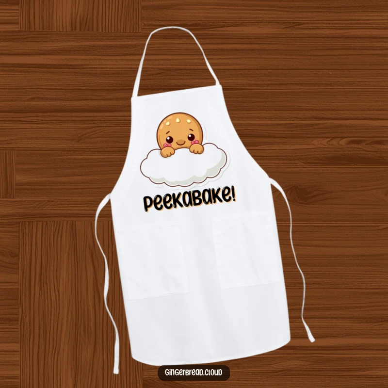 Funny apron for bakers featuring a gingerbread character peeking playfully from a cloud, perfect for adding sweetness to kitchen tasks.