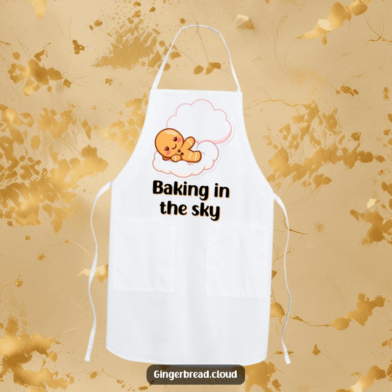 Funny gingerbread apron showing a cute character sliding down a cloud, perfect for sweet baking fun.