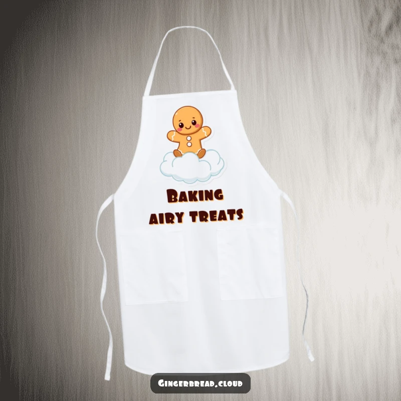 Funny kitchen apron with a cheerful gingerbread character balancing on a fluffy cloud. Ideal for bakers.