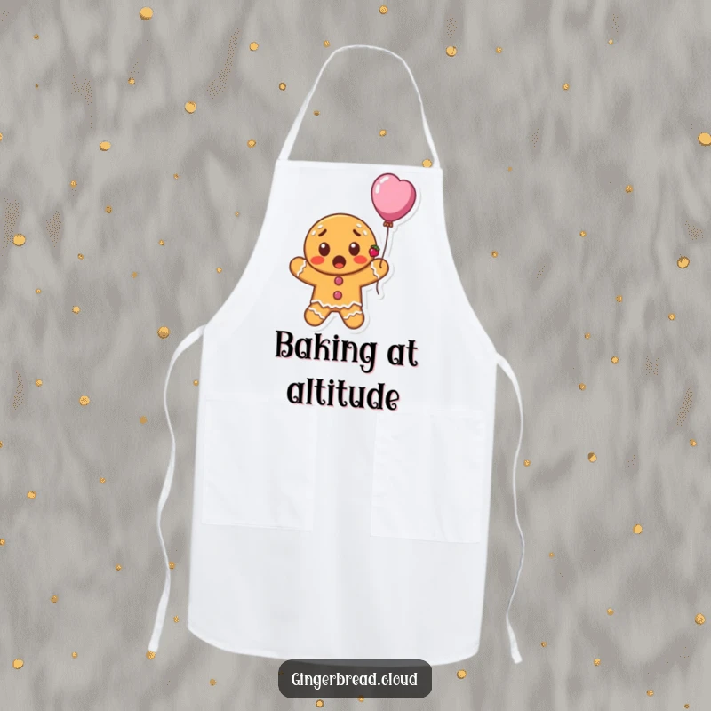 Funny surprised gingerbread cookie character with currants floating upwards on a balloon, whimsical cooking apron, cheerful and practical kitchen accessory.