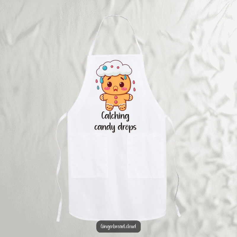 Funny gingerbread apron showing a surprised character watching a cloud rain candy, perfect for sweet baking fun.