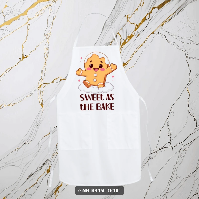Funny gingerbread cookie apron featuring a character with frosting drips joyfully bouncing on clouds, adding a sweet, humorous touch to cooking.