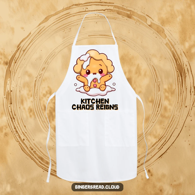 Funny apron: A surprised gingerbread cloud character spills icing while cooking, bringing humor to the kitchen.