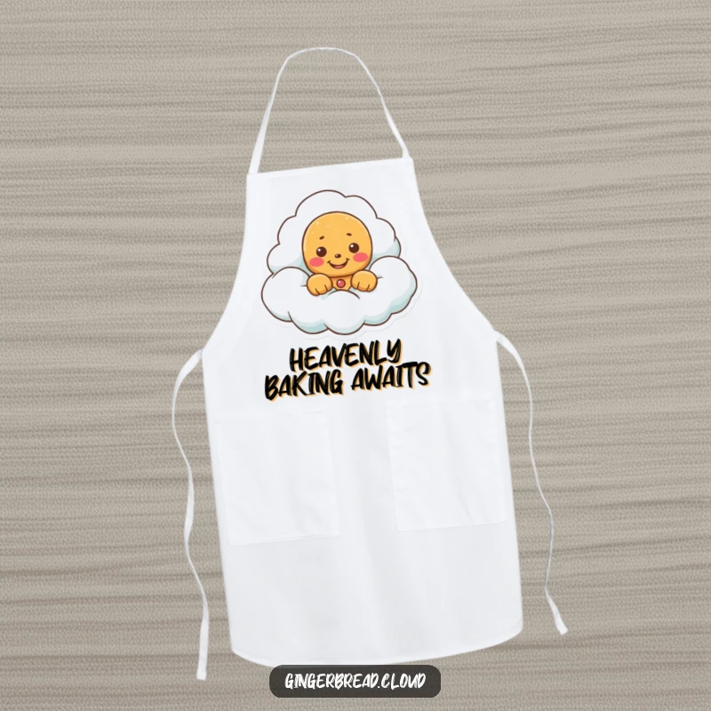 Funny apron featuring a gingerbread cookie peeking from a cloud with a joyful grin, adding kitchen cheer.