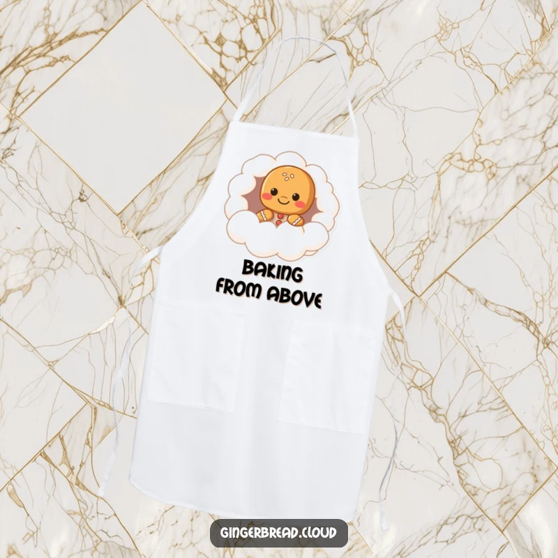 Funny gingerbread character apron, peeking from a cloud hollow, whimsical and practical kitchen wear, perfect funny gift for bakers.