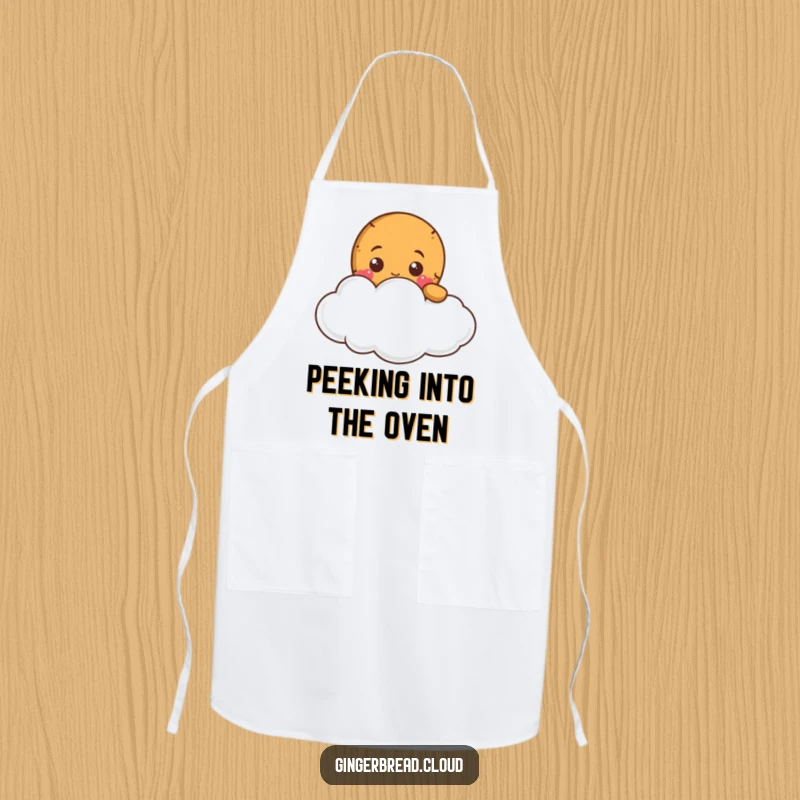 Funny gingerbread character peeking from a cloud, printed on a practical kitchen apron.