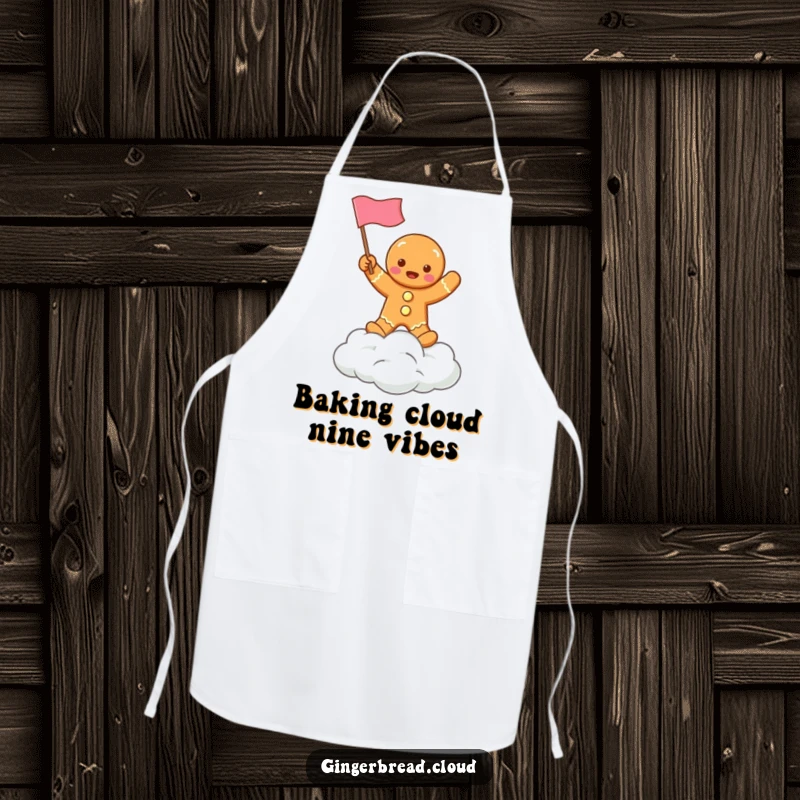 Funny cooking apron with a gingerbread character waving a flag from a cloud, designed for holiday baking and kitchen fun.