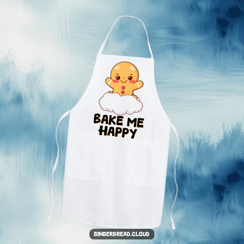 Funny smiling gingerbread cookie leaping from a cloud, featured prominently on this durable kitchen apron. Great for holiday baking.