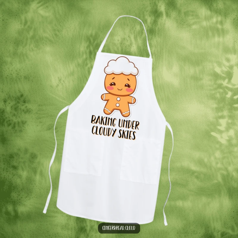 Funny gingerbread character with a silly face, wearing a cloud hat, illustrated on a kitchen apron for humorous cooking.