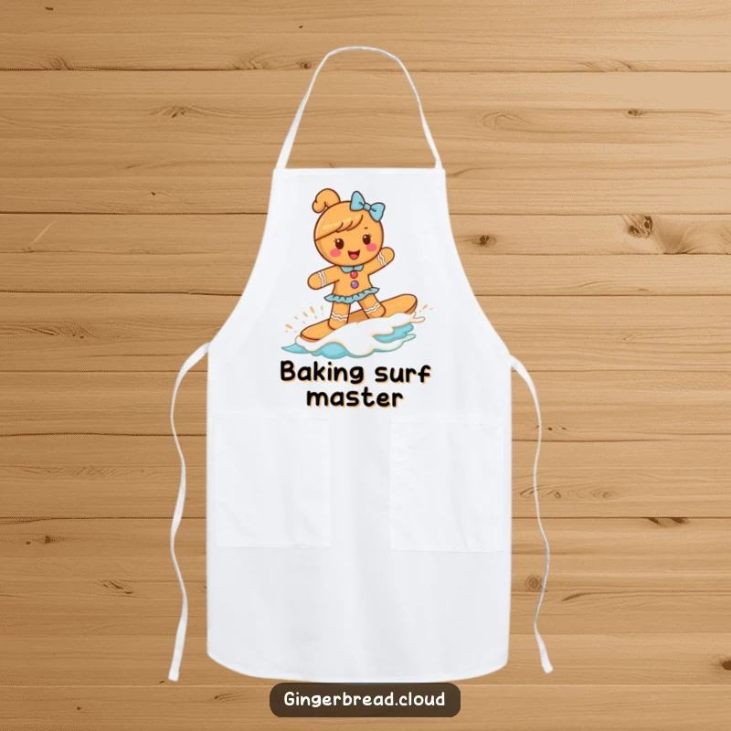 Funny gingerbread girl surfing a frosting wave on this charming apron, adding a humorous and sweet touch to kitchen activities.