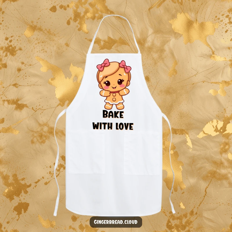 Funny gingerbread girl character offering a warm hug, illustrated on a practical apron for kitchen use.