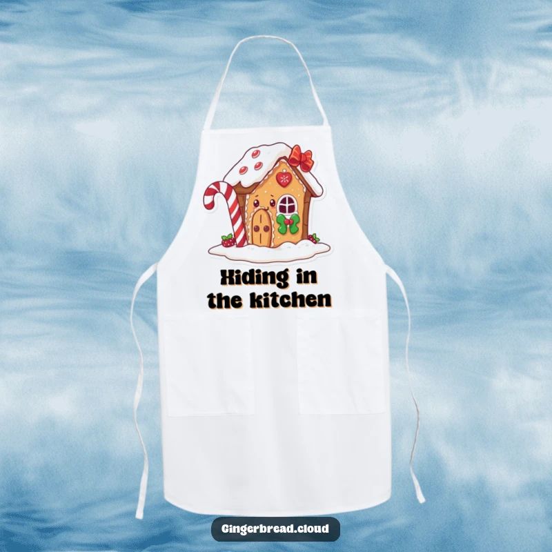 Funny gingerbread house apron, a happy character peeking from behind a candy cane, practical and humorous kitchen wear.
