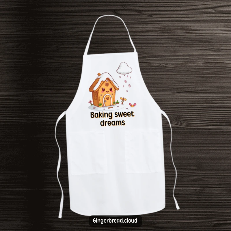 Funny apron showing a cheerful gingerbread house character with icing, ready to bake while candy rains down.