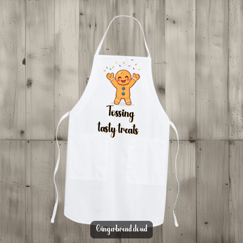 Funny gingerbread apron showing a smiling character juggling colorful sprinkles, perfect for baking with joy.