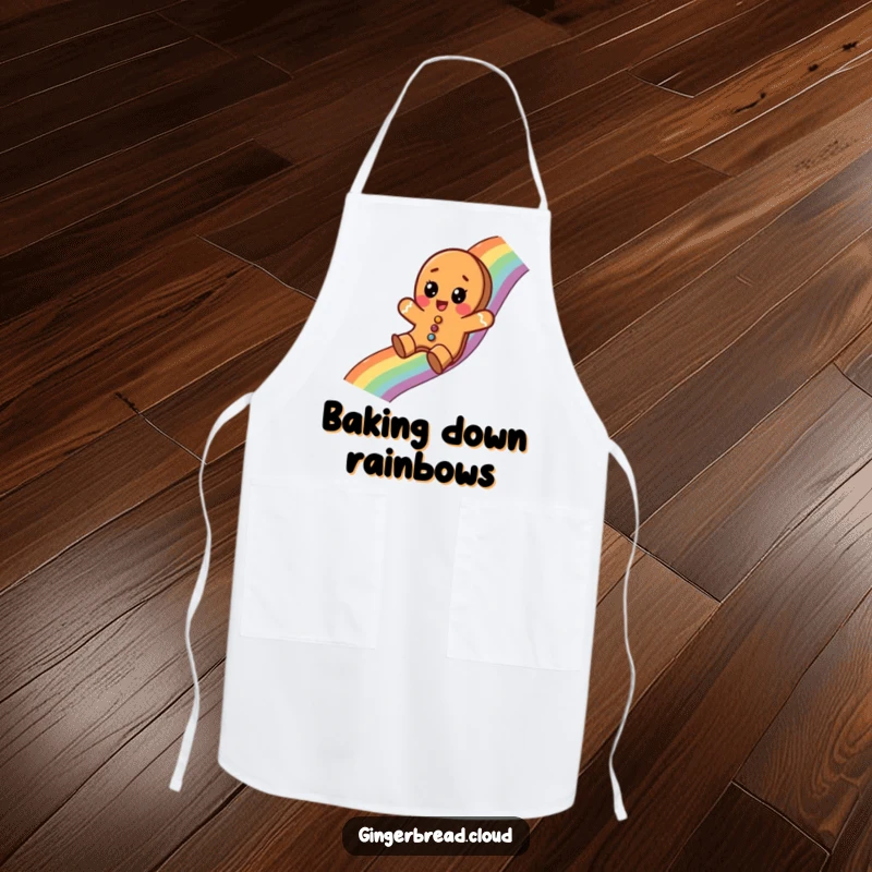 Funny apron showing a gingerbread cookie surprised while sliding down a rainbow, perfect for whimsical kitchen activities.