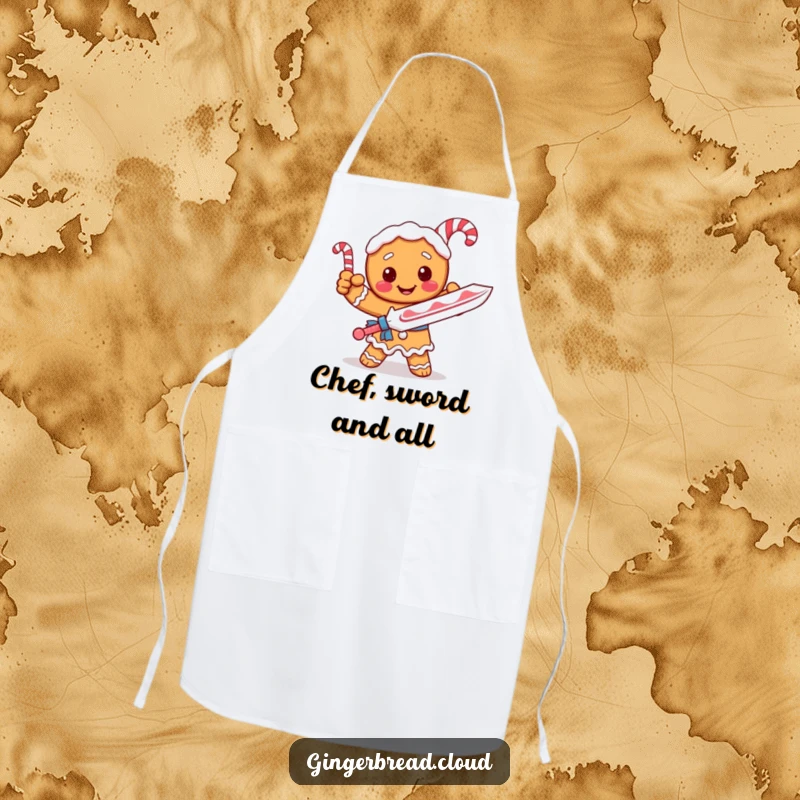 Funny apron showing a gingerbread knight striking a pose with a candy cane sword, ready to face culinary challenges.