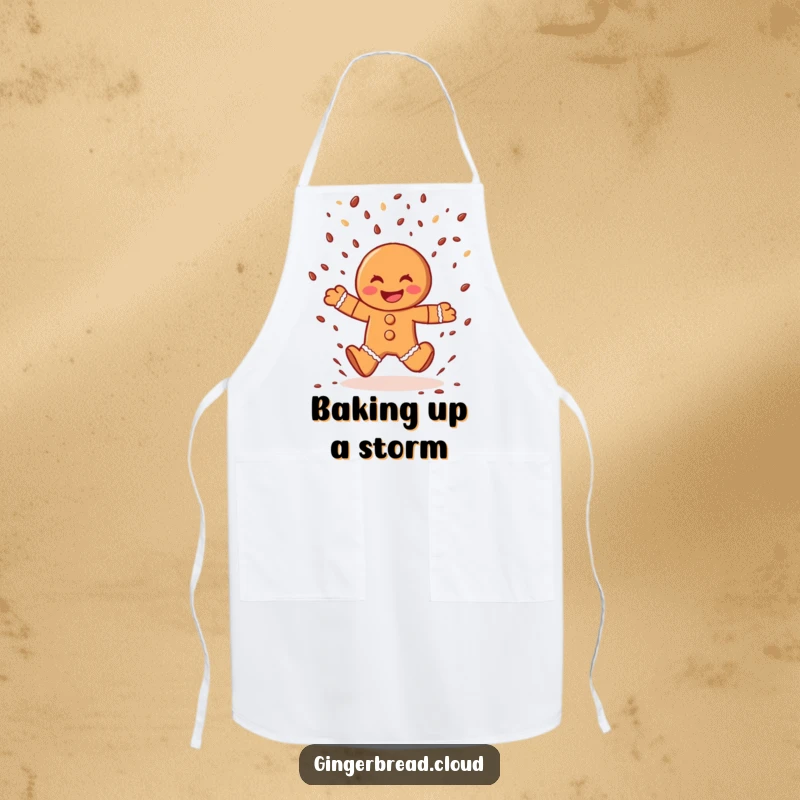 Funny gingerbread man apron, a cheerful character leaping through chocolate sprinkles, practical and humorous kitchen wear.