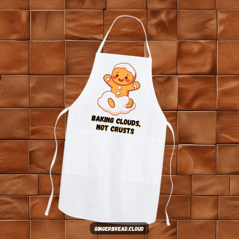 Funny Gingerbread Man Apron: A smiling gingerbread character jumps on a cloud, a funny and functional baking accessory.