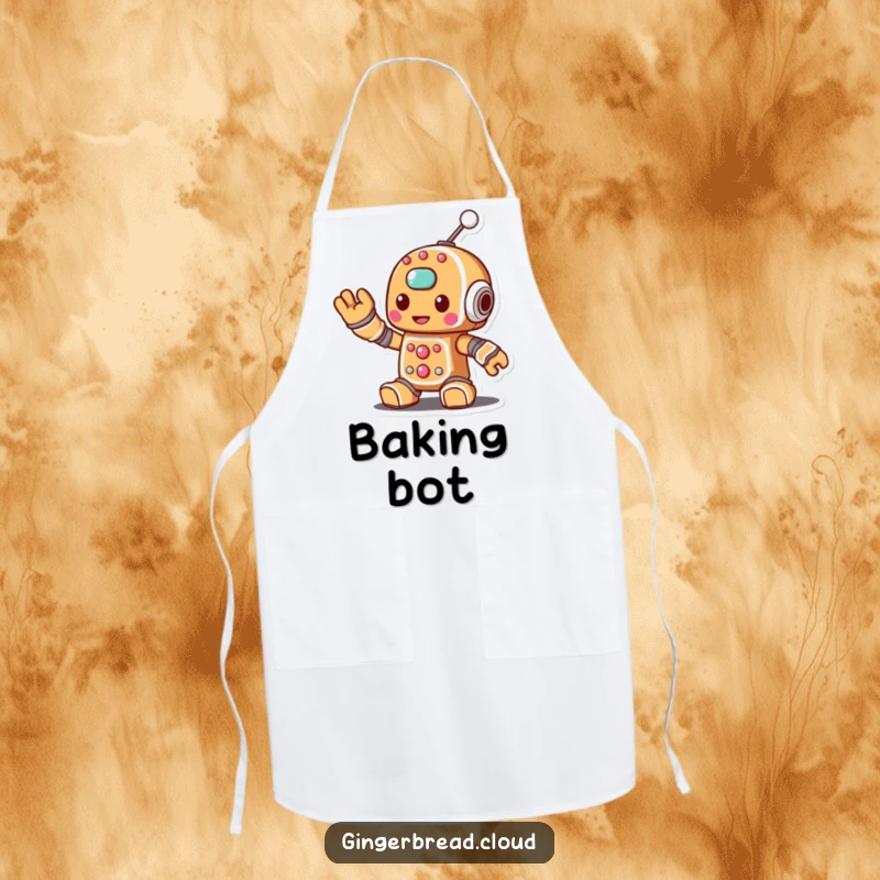 Funny apron featuring a gingerbread robot character waving a sugary antenna, perfect for bakers who love tech.